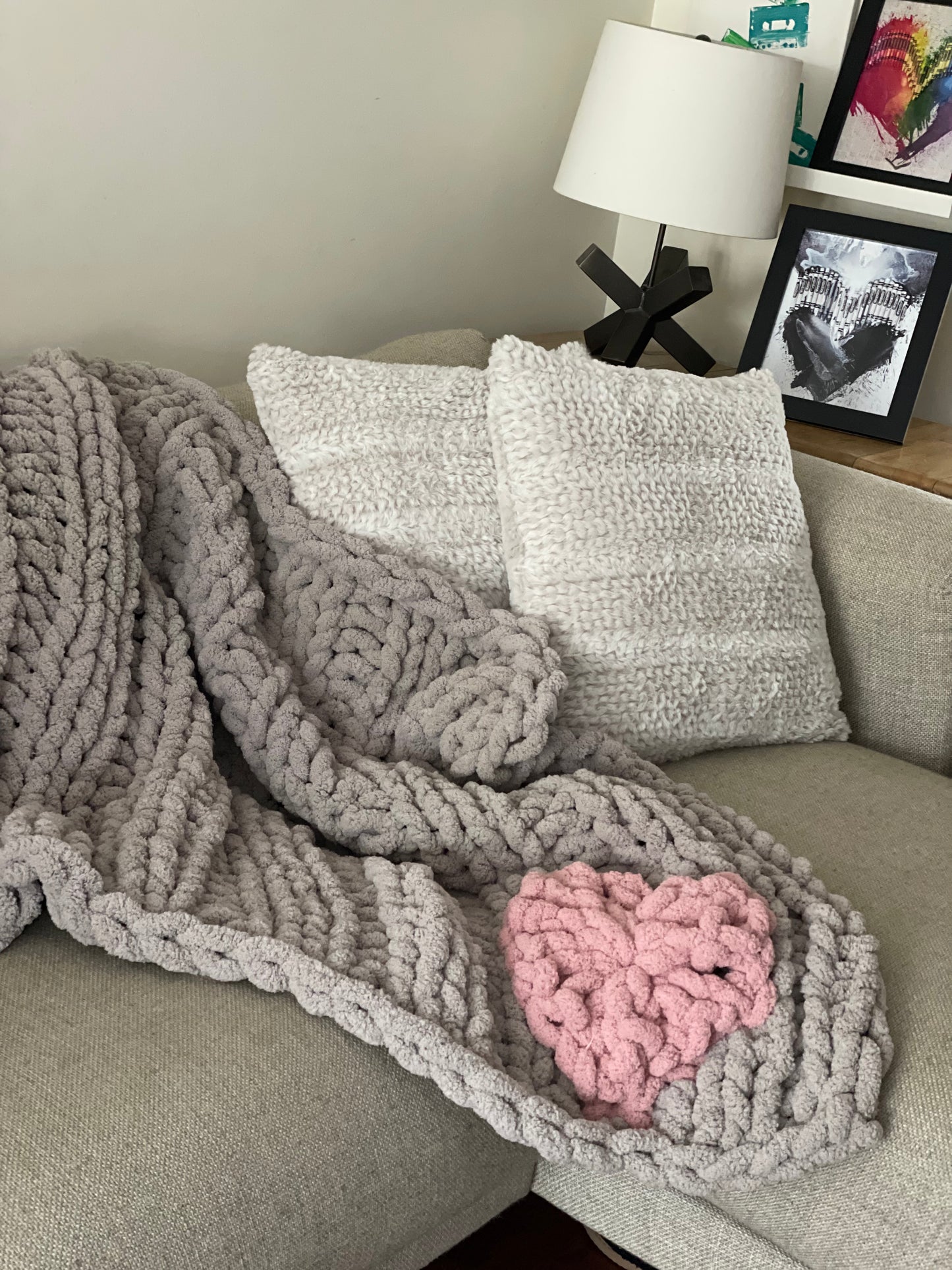 Healing Hand, Chunky Knit Blanket Light Grey with Soft Pink Heart - double sided heart design