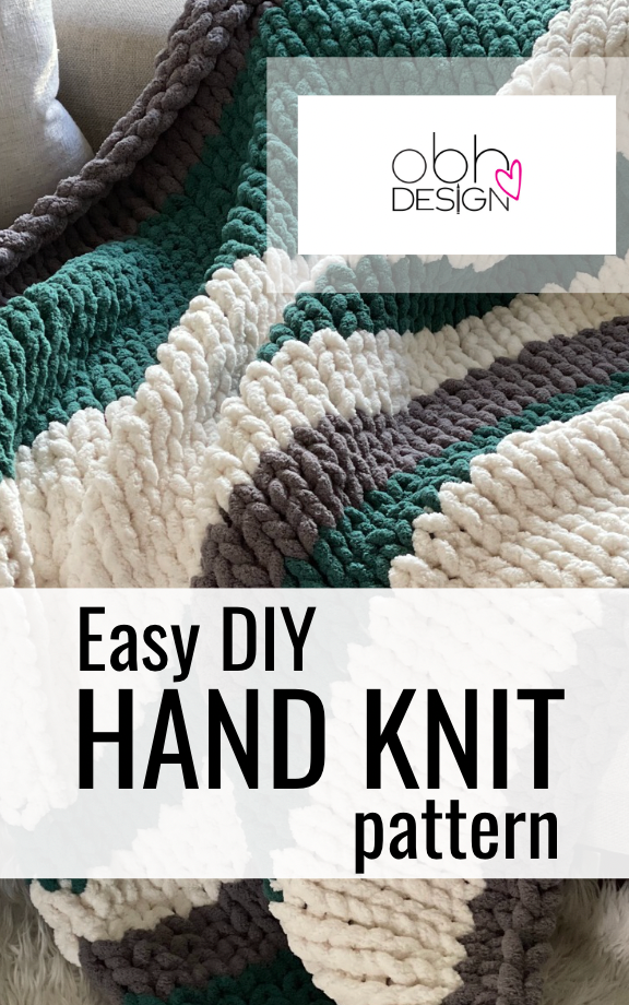KNITTING PATTERN ~ DIGITAL DOWNLOAD ~ Green, White and Dark Grey Stripe Blanket ~ Chunky Chenille