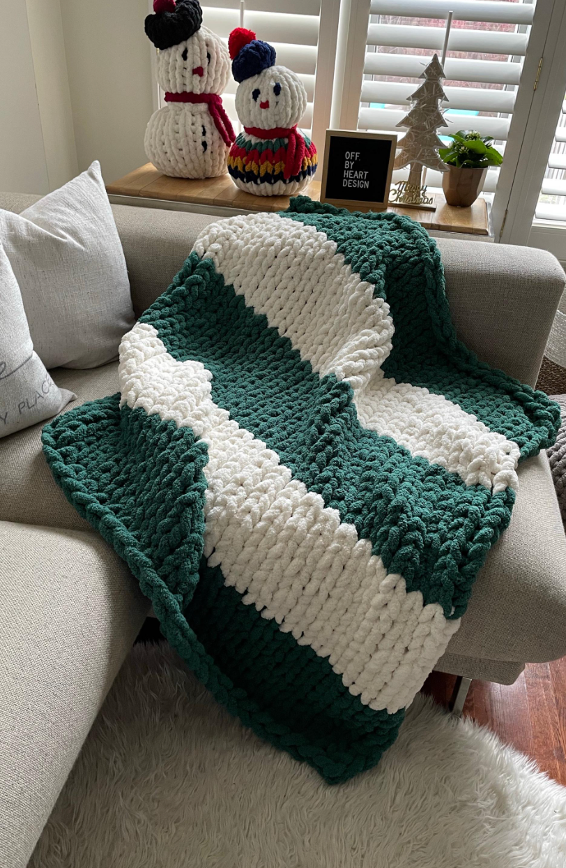 HANDKNIT PATTERN ~ Green and White Stripe Blanket ~ Chunky Chenille ~ Off By Heart Design ~ DIY