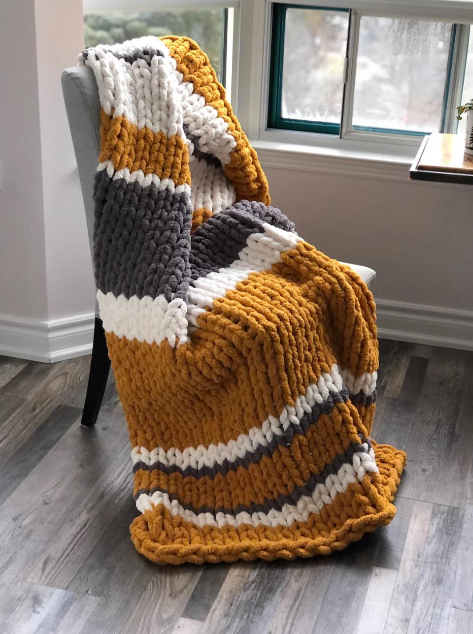 HANDKNIT PATTERN ~ Mustard, Dark Gray and White Stripe ~ Chunky Chenille ~ Off By Heart Design ~ DIY