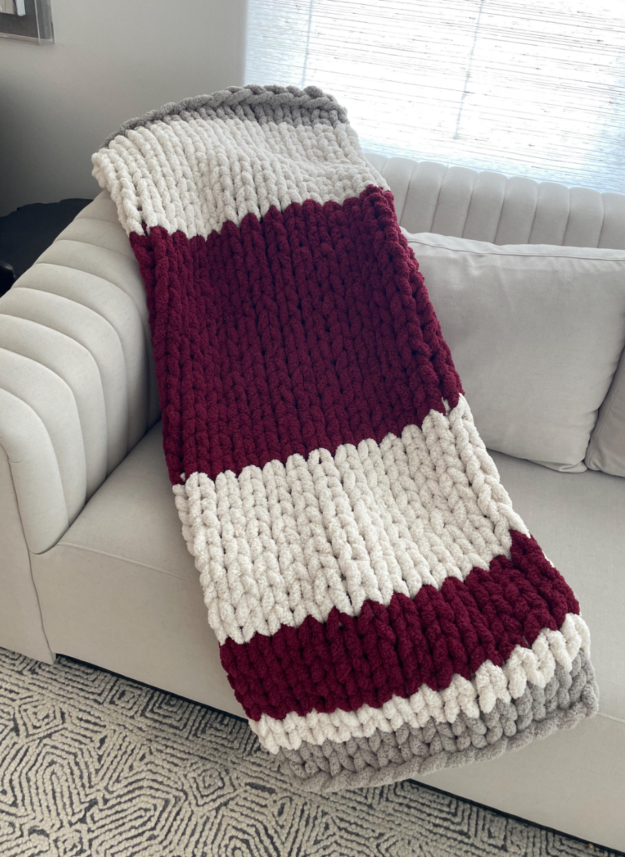 HANDKNIT PATTERN ~ Burgundy, Light Grey and White Striped Blanket | Chunky Chenille ~ Off By Heart Design ~ DIY