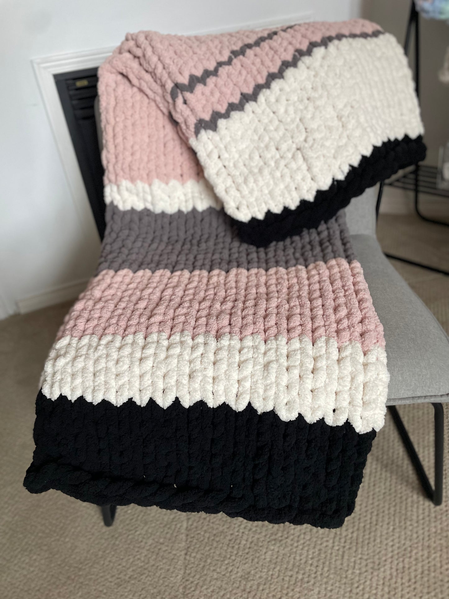 Healing Hand Knit, Chunky Knit Blankets Soft Pink, Dark Grey, White and Black Stripe