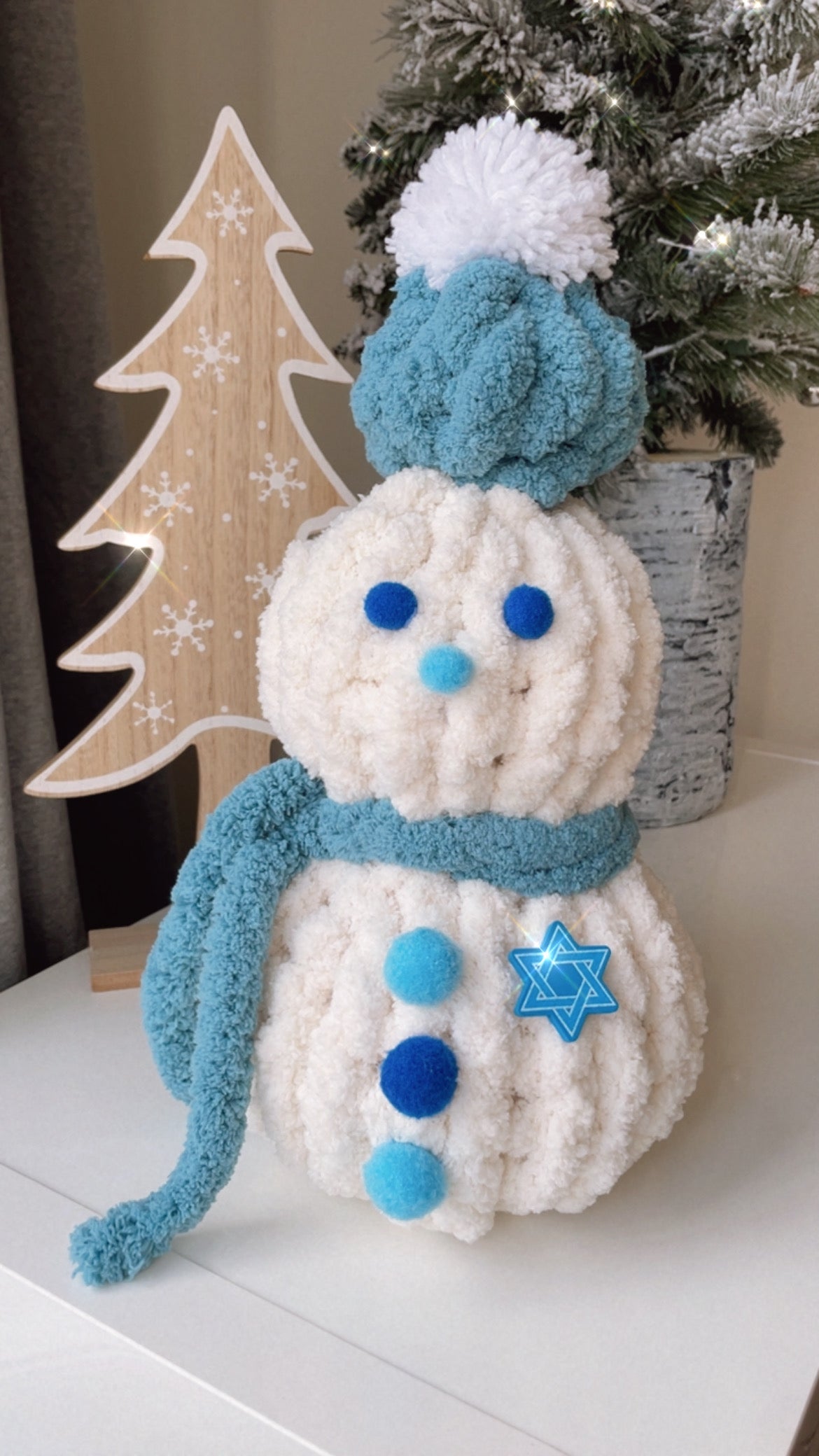 Cozy Chenille Snowman with Blue Hat - Hanukkah Snowman