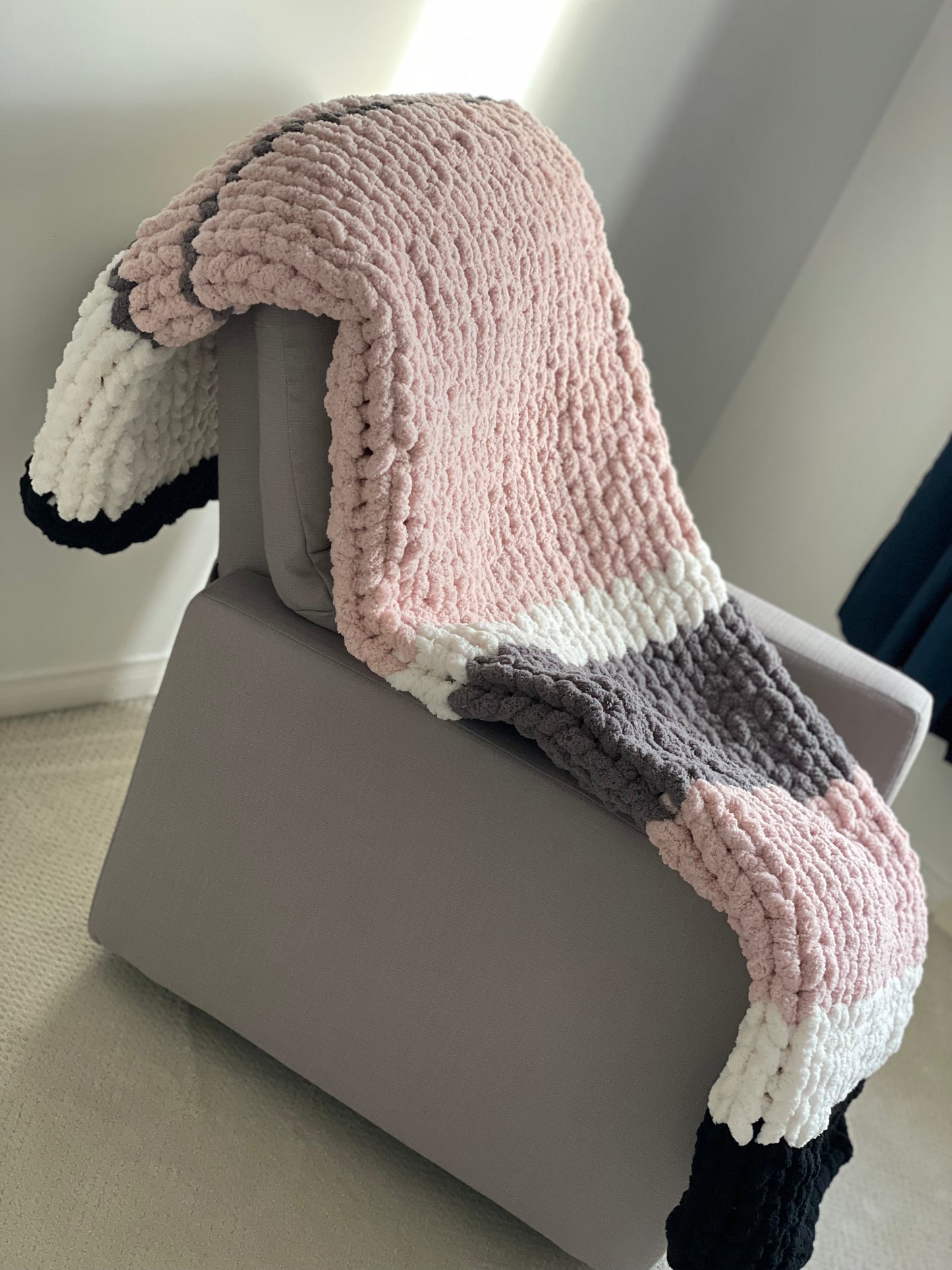 Healing Hand Knit, Chunky Knit Blankets Soft Pink, Dark Grey, White and Black Stripe