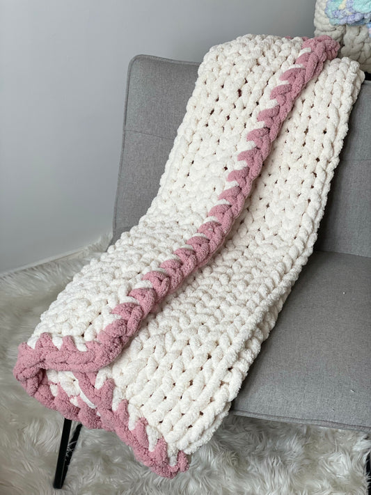 Healing Hand, Chunky Knit Baby Blankets - White with Blush Pink Edge