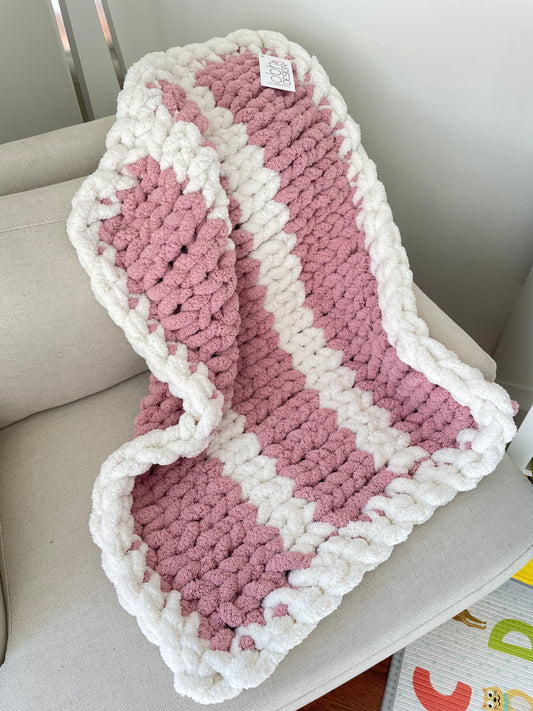 Healing Hand, Chunky Knit Baby Blankets - Blush Pink & White Stripe with a white edge