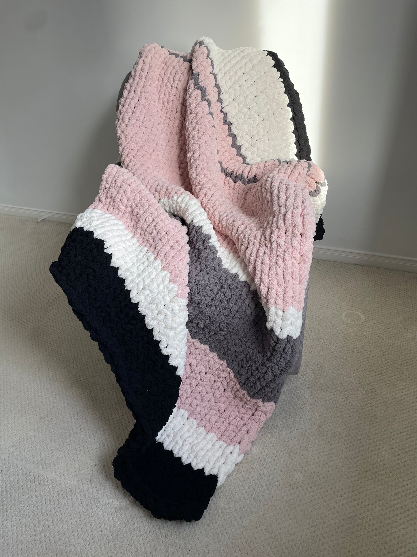 Healing Hand Knit, Chunky Knit Blankets Soft Pink, Dark Grey, White and Black Stripe