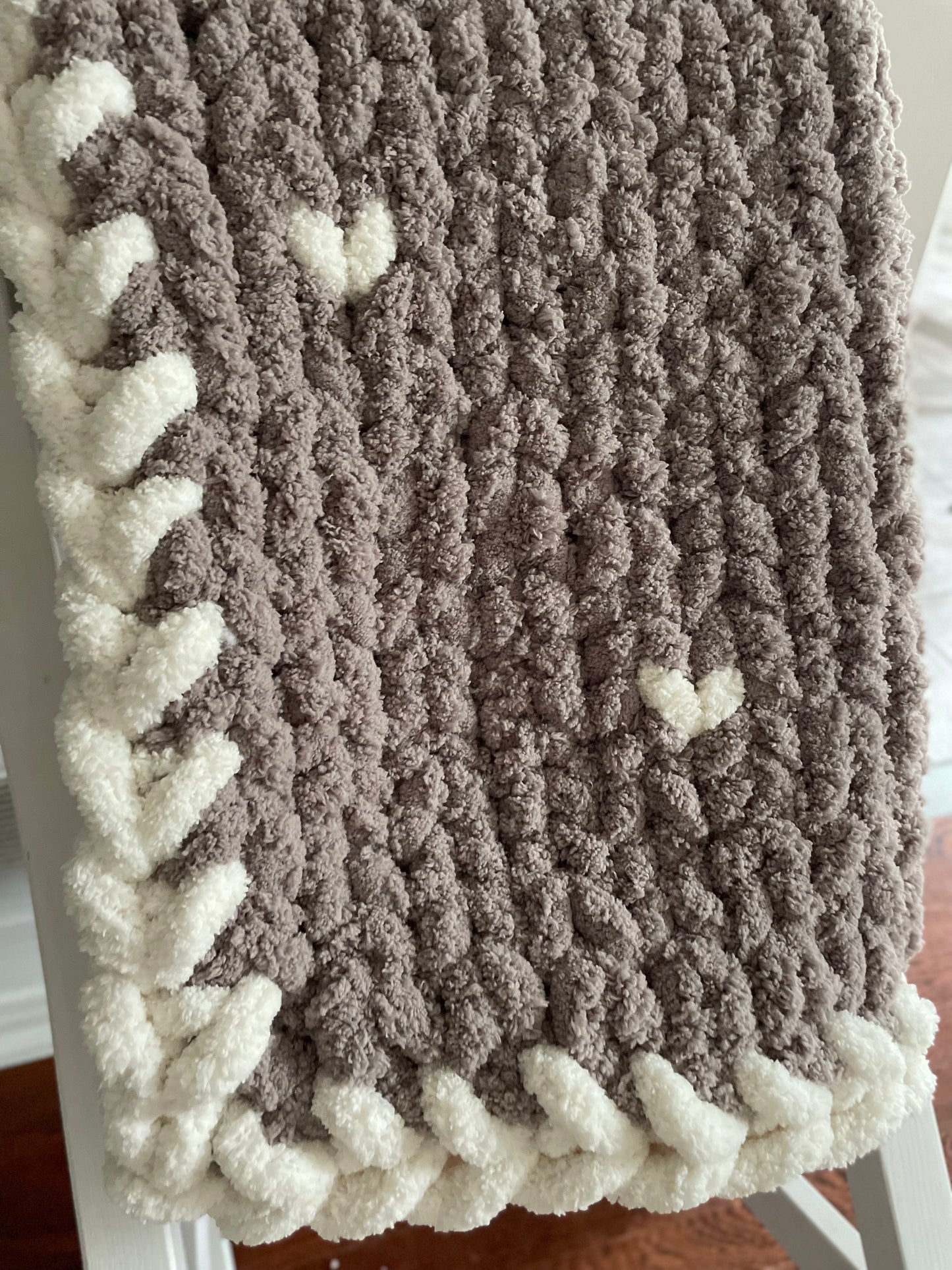 Healing Hand knit , Chunky Knit Baby Blankets - Taupe Grey with White hearts and a White edge