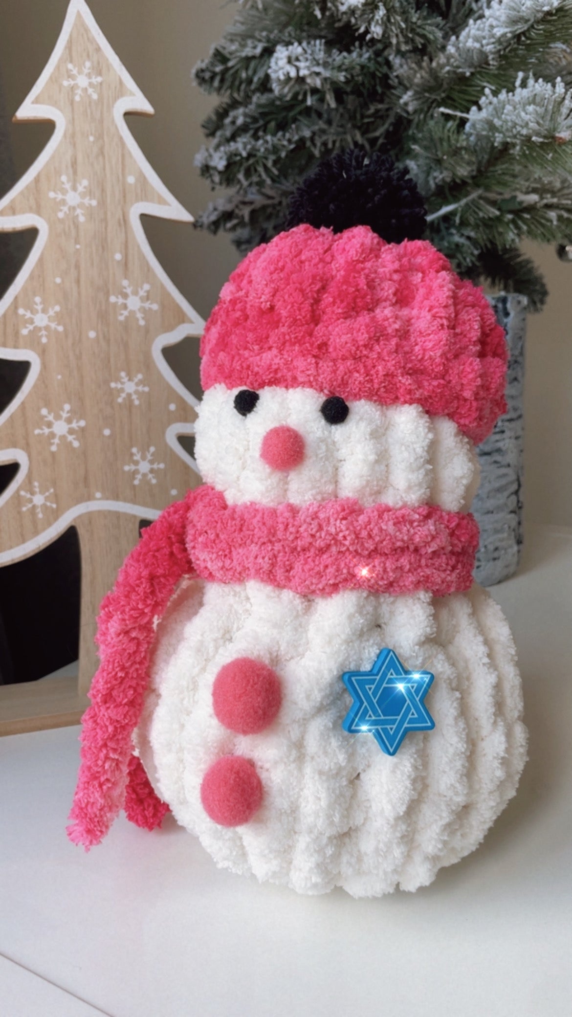 Cozy Chenille Snowman with Hot Pink Hat - Handmade Snowgirl
