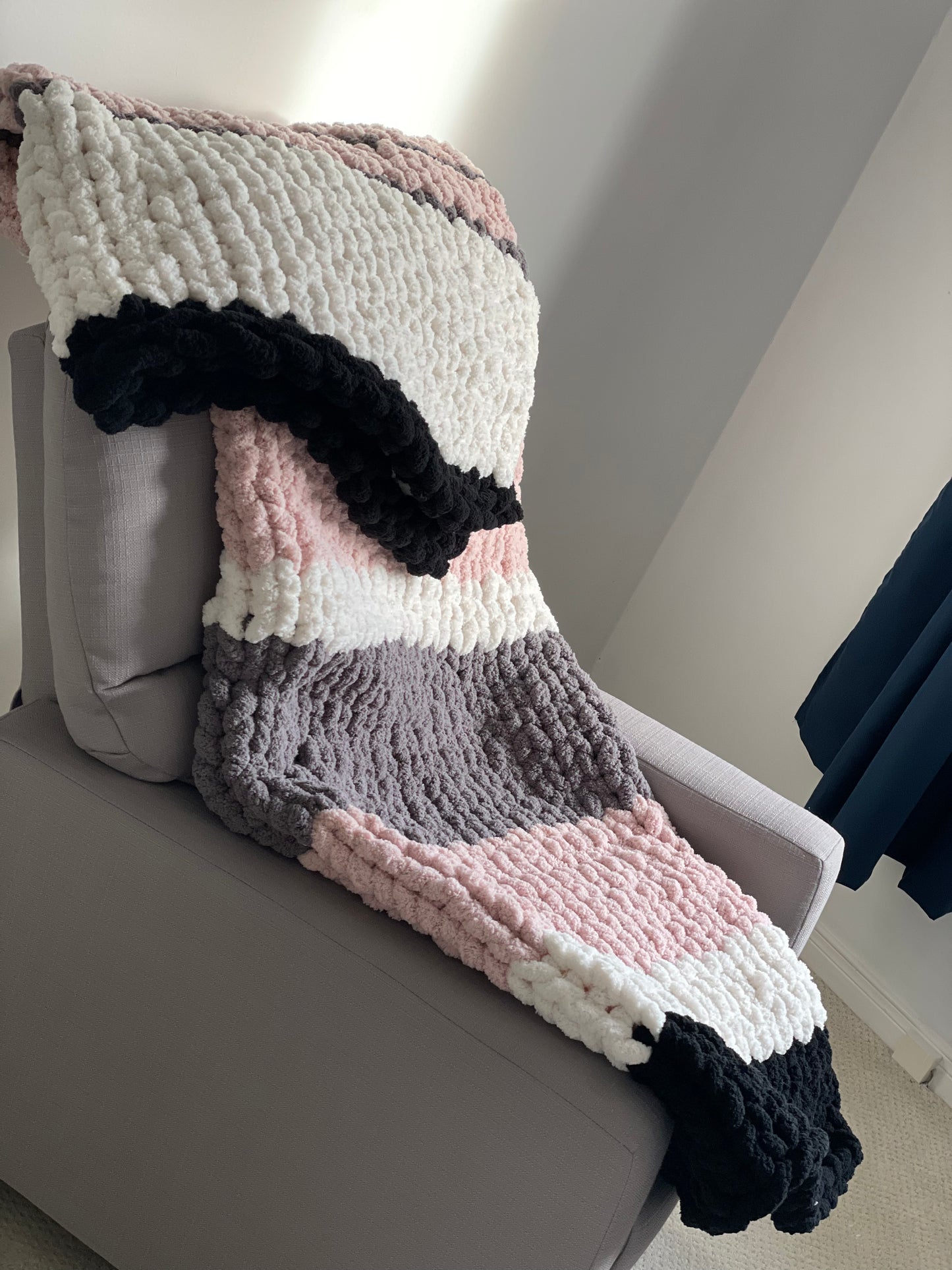 Healing Hand Knit, Chunky Knit Blankets Soft Pink, Dark Grey, White and Black Stripe
