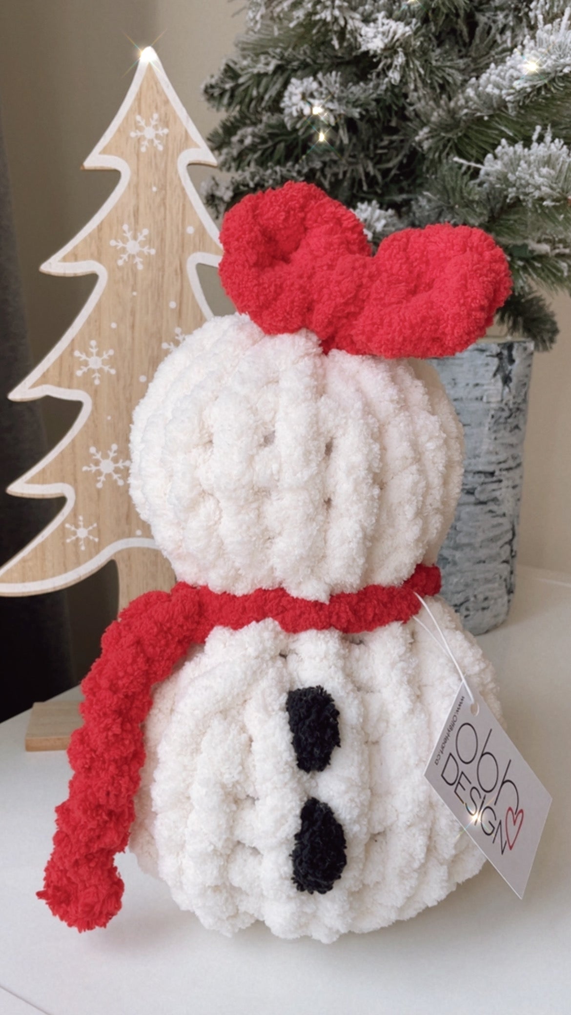 Cozy Chenille Snowman with Red Bow - Handmade Snowgirl