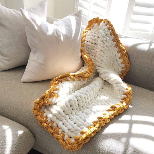 Healing Hand, Chunky Knit Baby Blankets - White with Mustard Yellow Edge