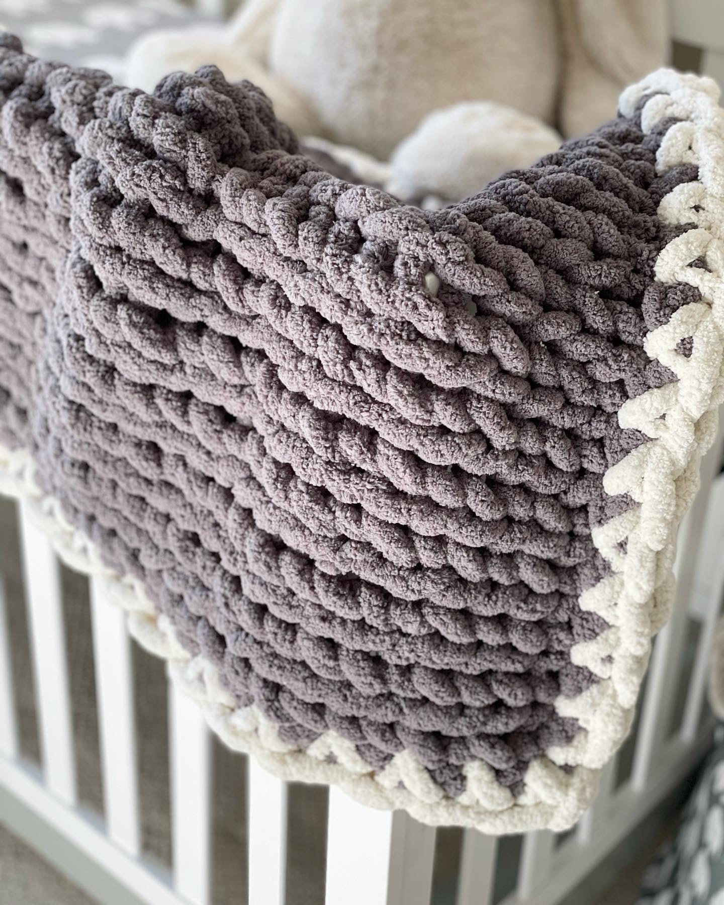 Healing Hand, Chunky Knit Baby Blankets - Stormy Grey with White Edge