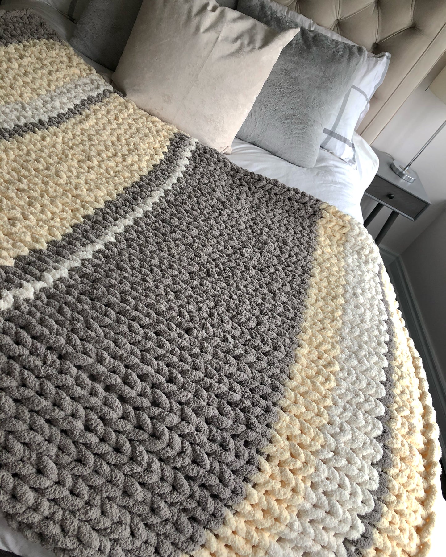 Healing Hand, Chunky Knit Blankets Butter Yellow and Pale Grey Striped