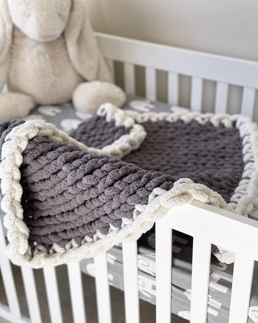Healing Hand, Chunky Knit Baby Blankets - Stormy Grey with White Edge