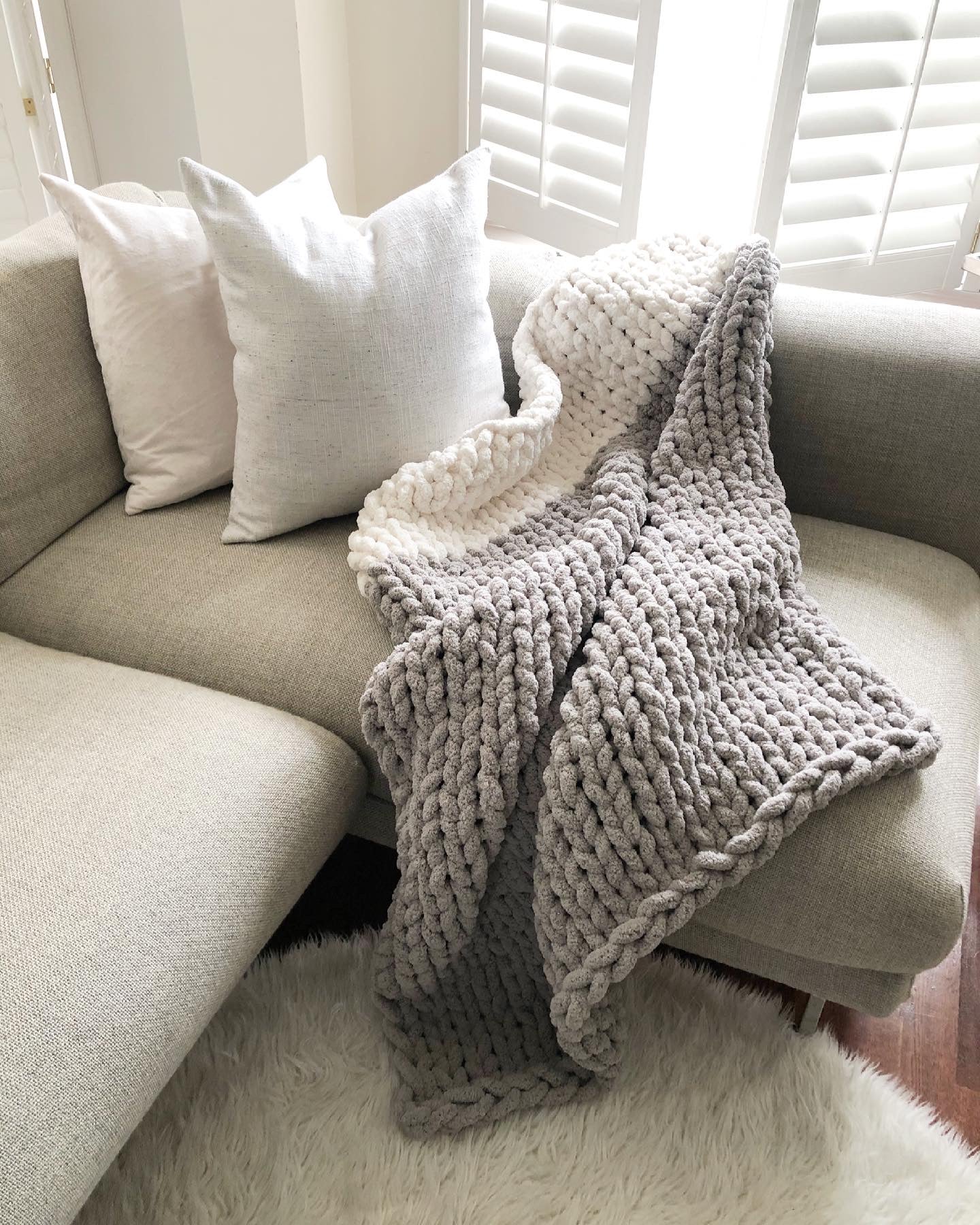 Healing Hand, Chunky Knit Blankets Light Grey with One White on one side