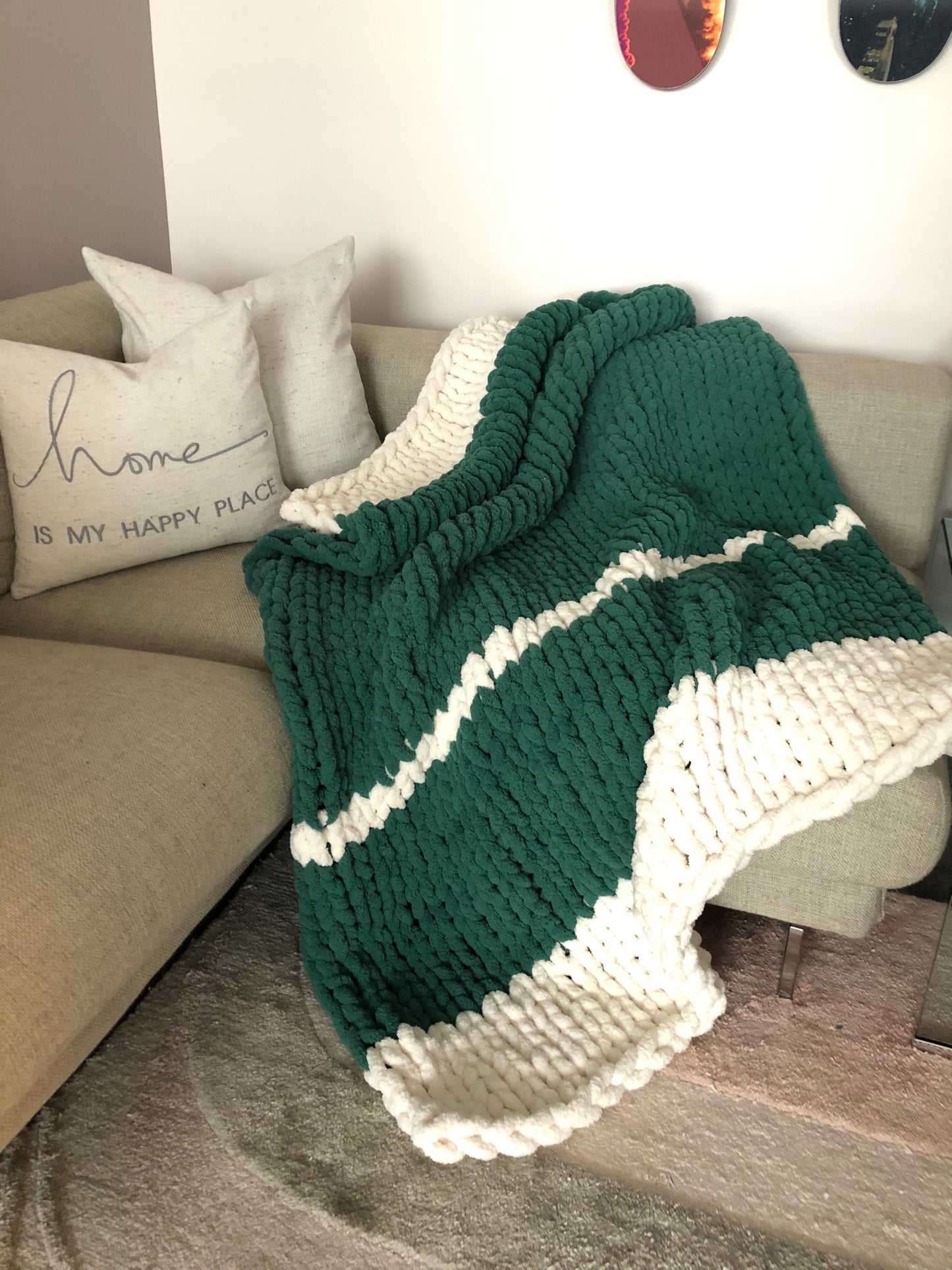 Healing Hand Knit, Chunky Knit Blankets Emerald & White