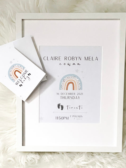 New Baby Announcement, Framed Birth Stats FRAMED Print & Card Combo - Multicolour
