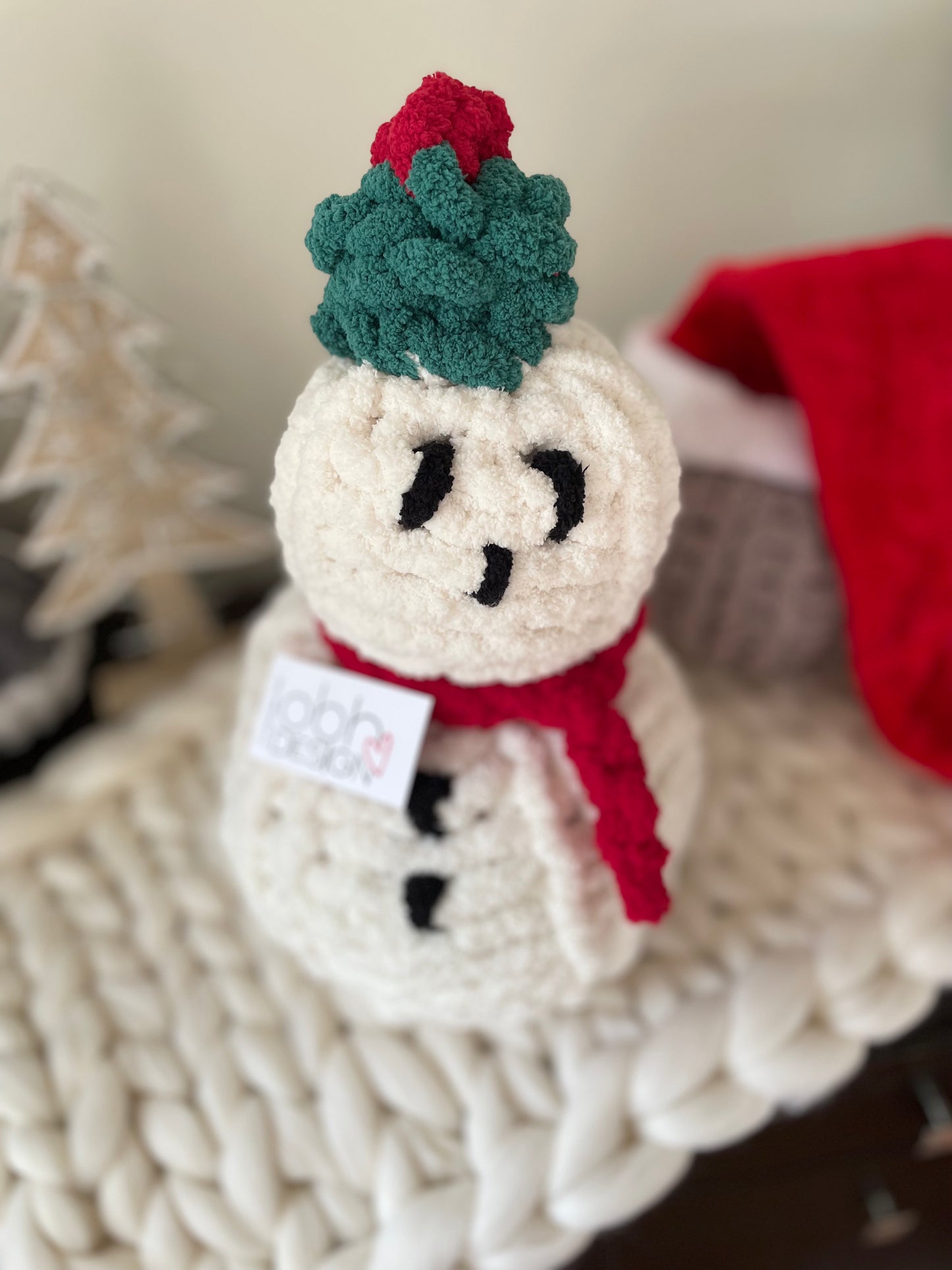 Hand Knit Christmas Snowman with green hat