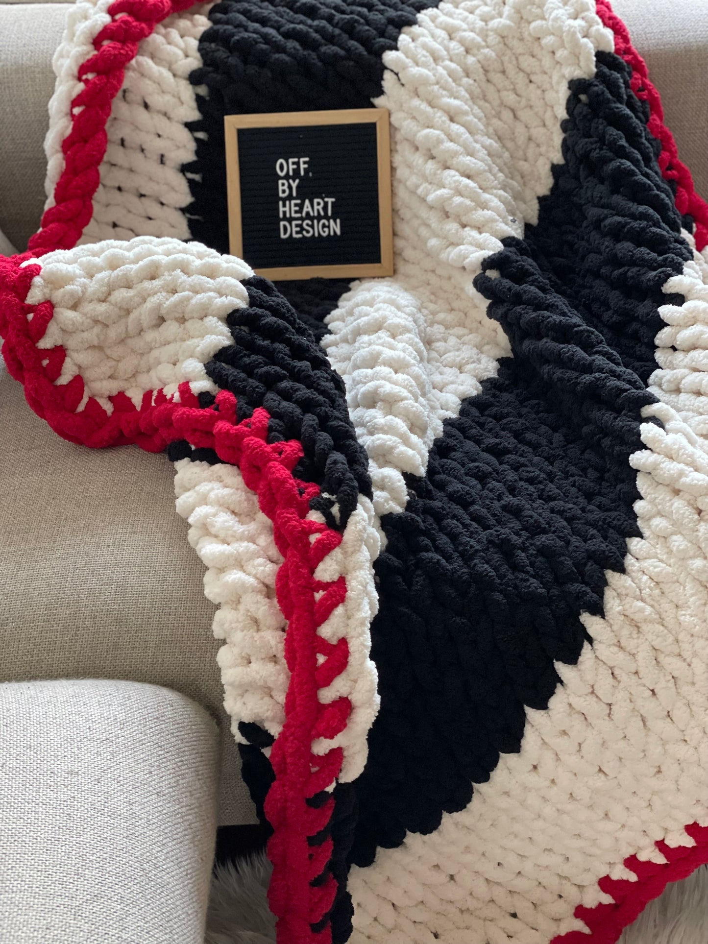 Healing Hand, Chunky Knit Blankets Black & White Stripe with Red Edge