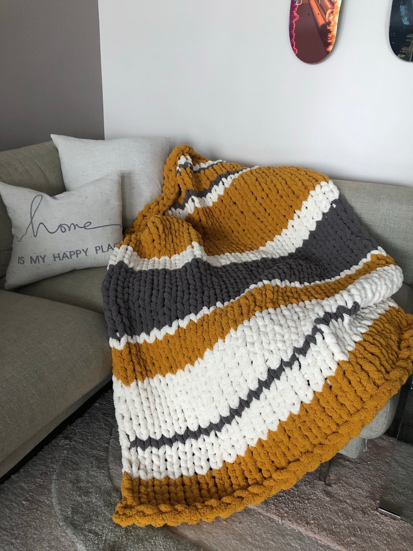 Healing Hand Knit, Chunky Knit Blankets Mustard, Dark Gray and White