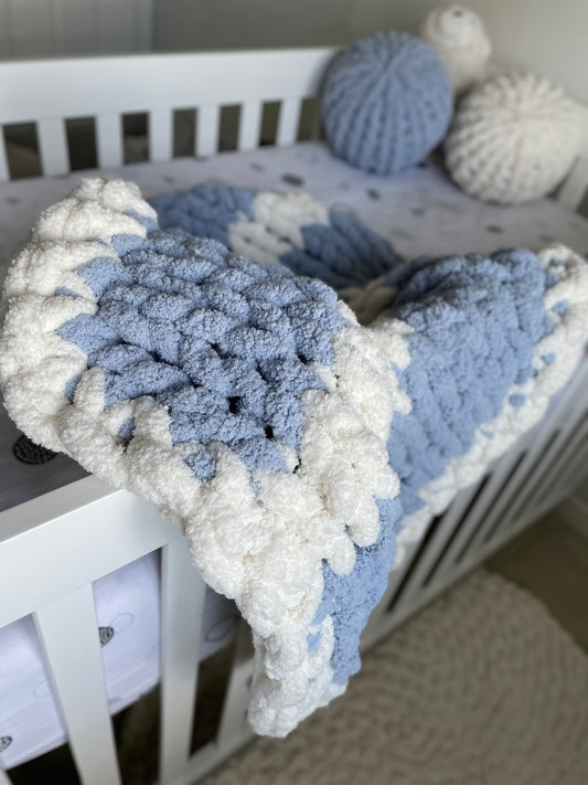 Healing Hand, Chunky Knit Baby Blankets - Baby Blue & White Stripe with a white edge