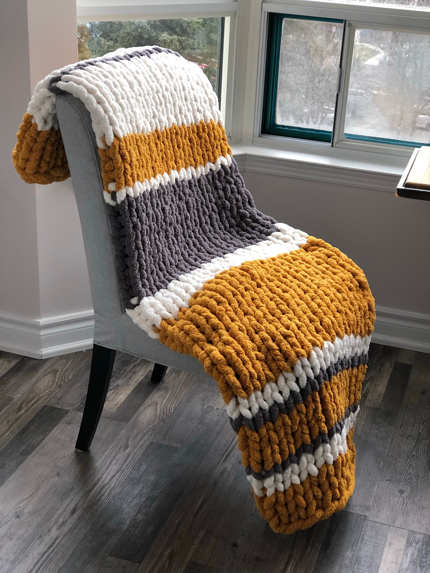 Healing Hand Knit, Chunky Knit Blankets Mustard, Dark Gray and White