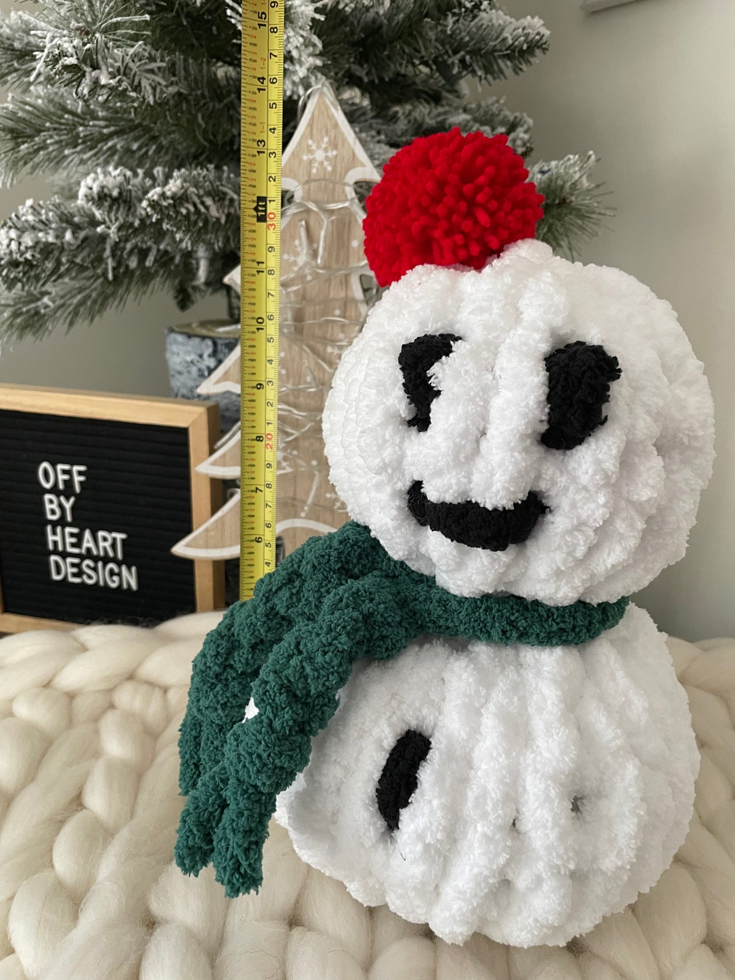 Hand Knit Christmas Snowman White with Red PomPom and Scarf