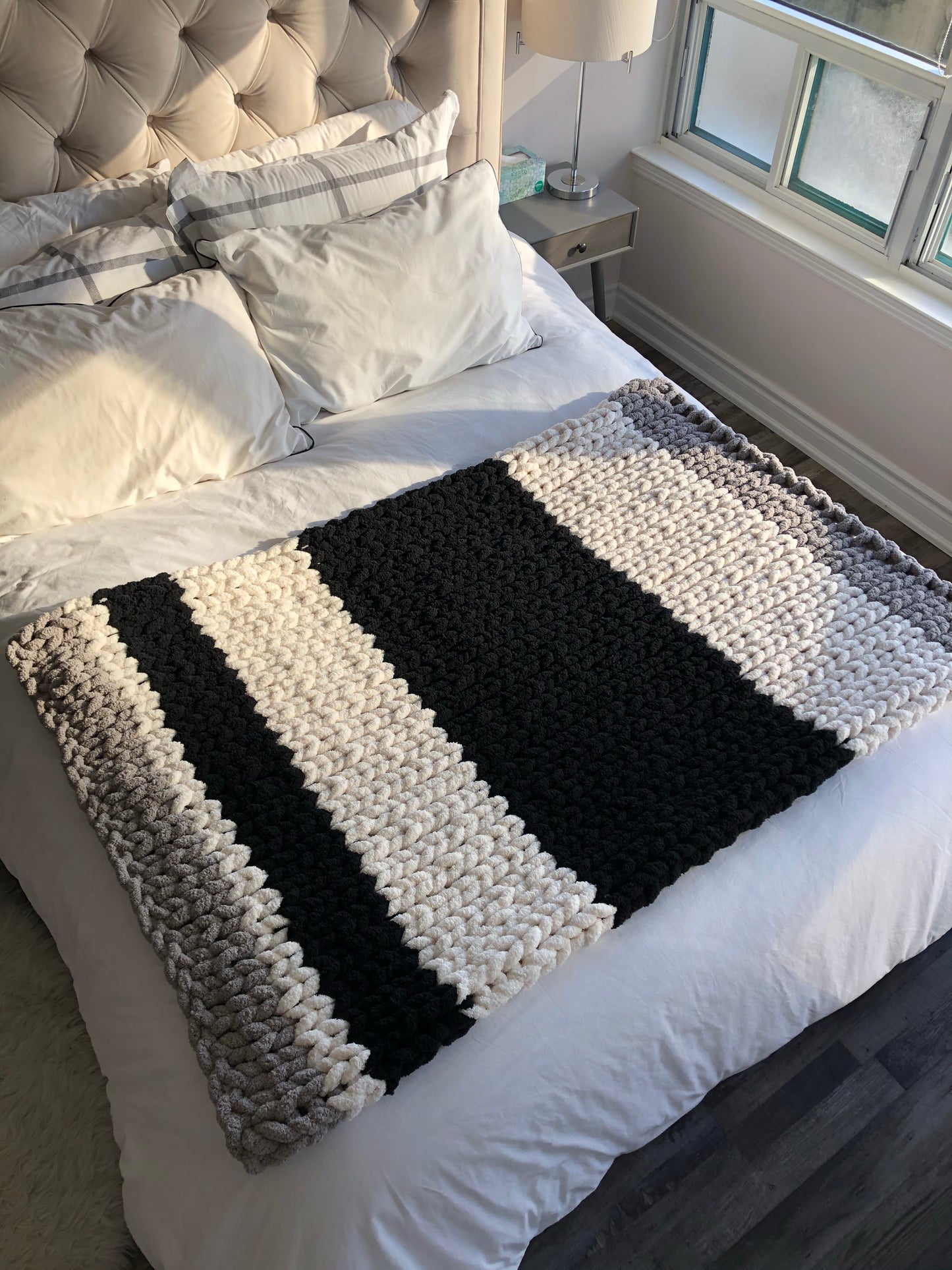 Healing Hand, Chunky Knit Blanket Black, White and Grey Stripes