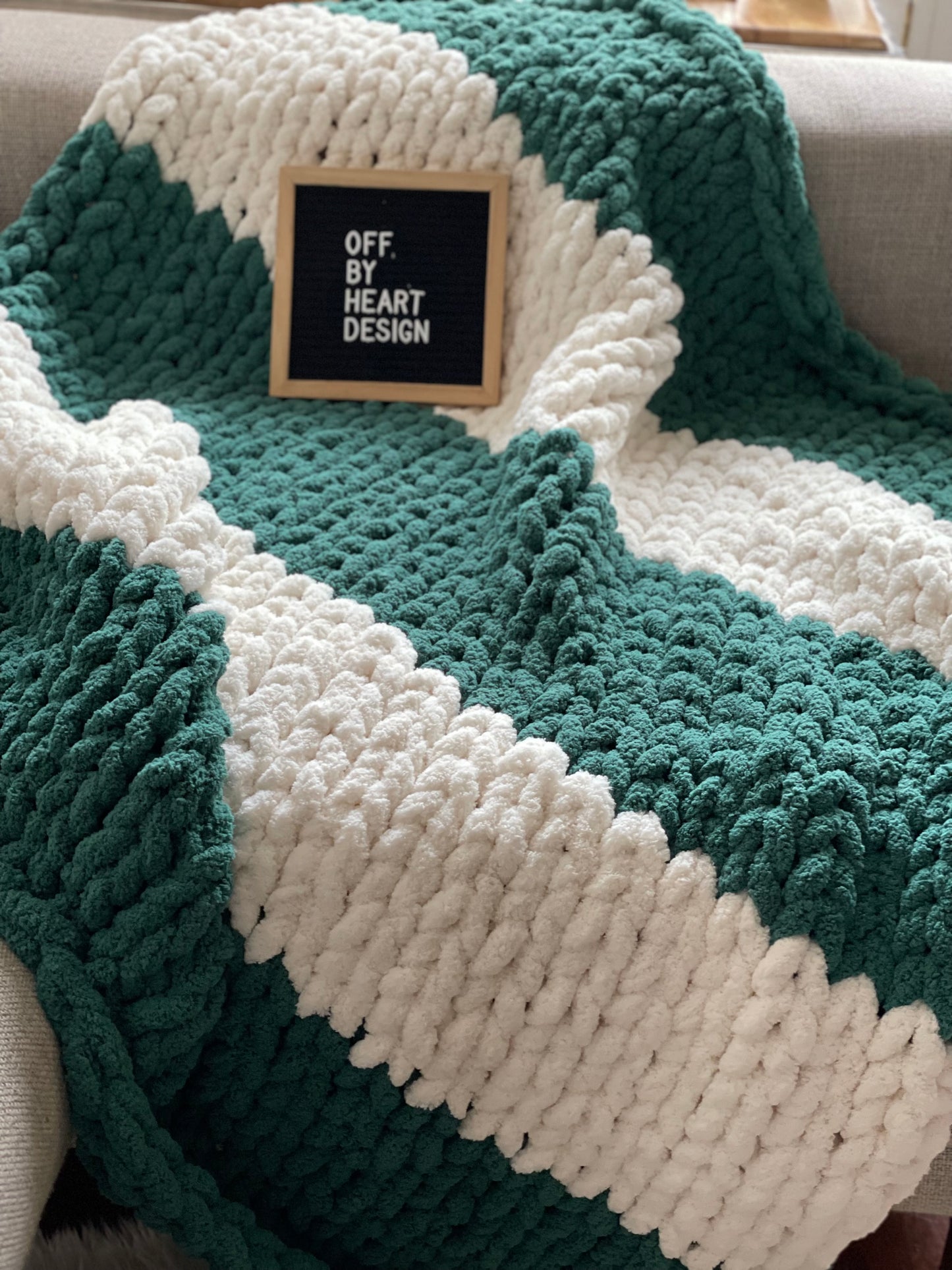 Healing Hand, Chunky Knit Blankets Emerald Green & White Stripe