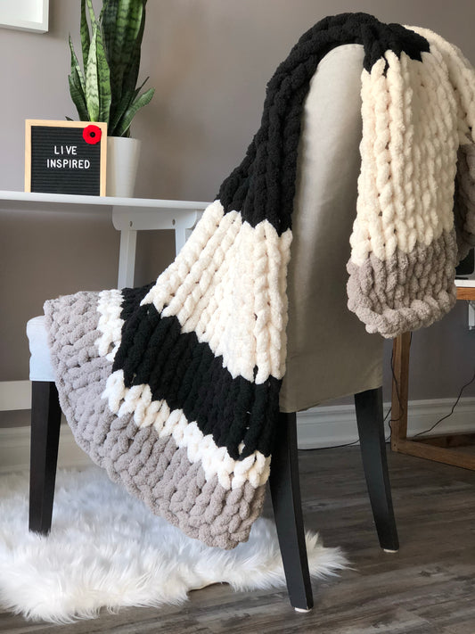 Healing Hand, Chunky Knit Black, White and Grey Stripes