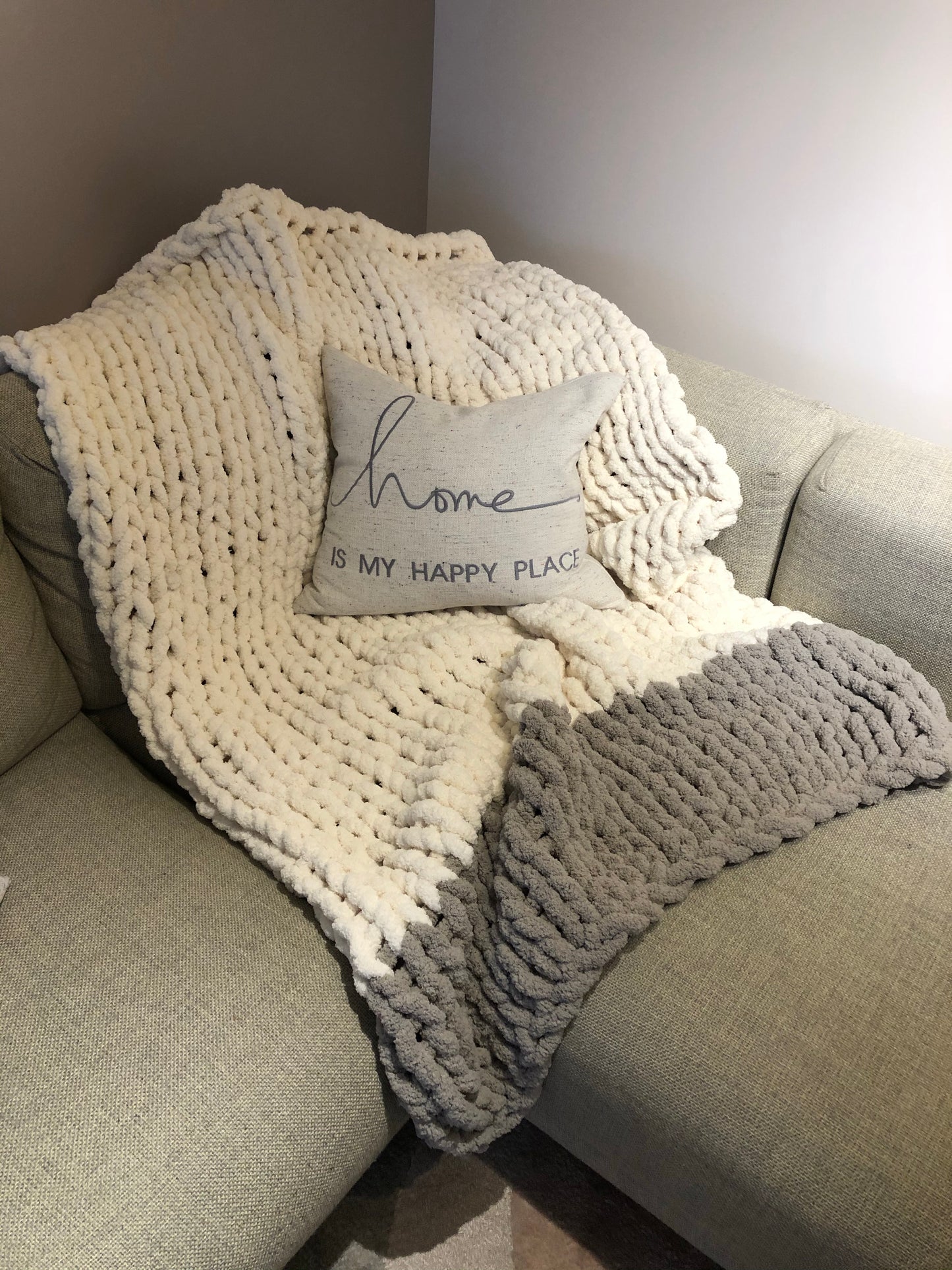 Healing Hand, Chunky Knit Blankets White with Light Grey on one side only