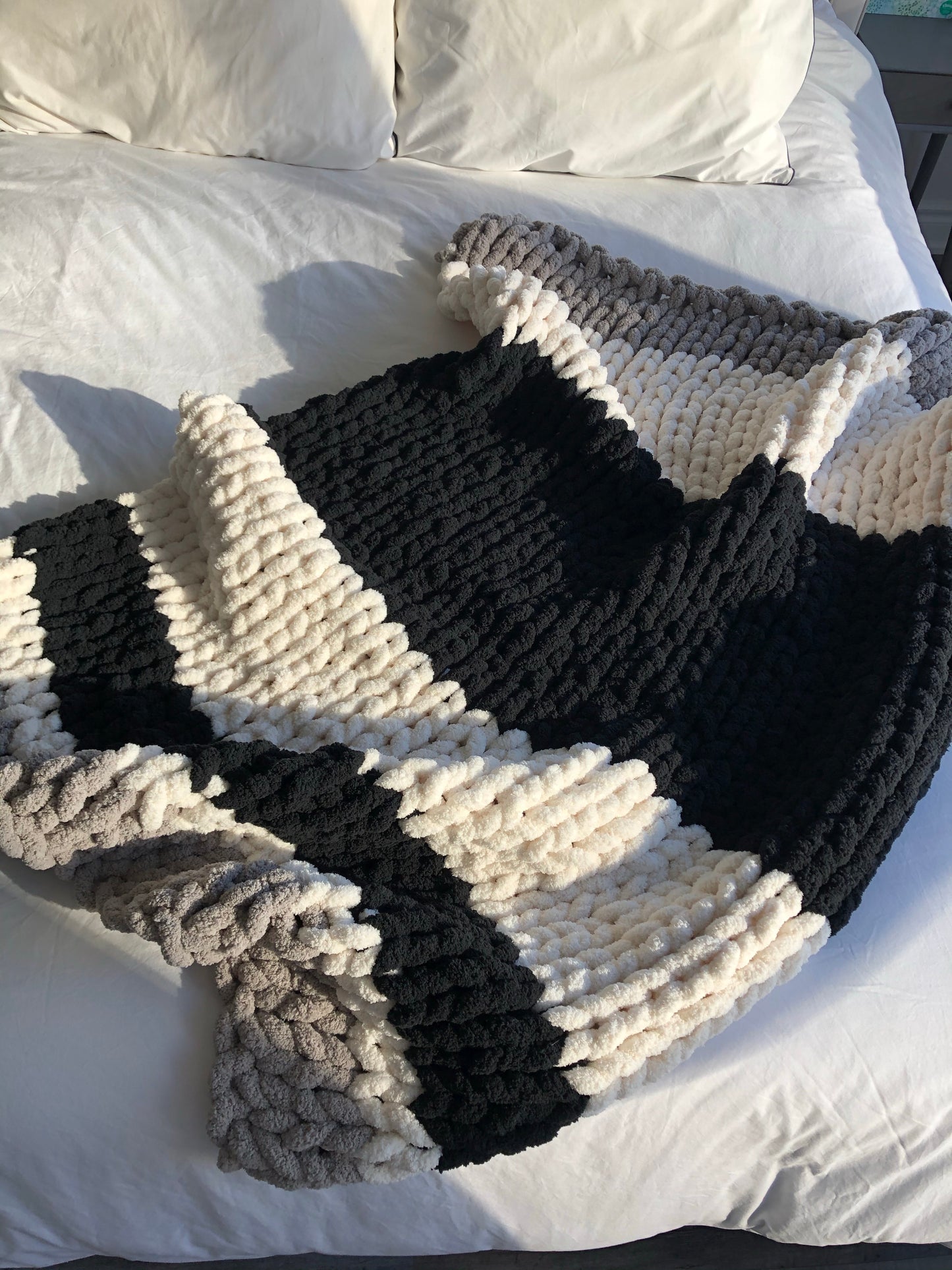 Healing Hand, Chunky Knit Blanket Black, White and Grey Stripes
