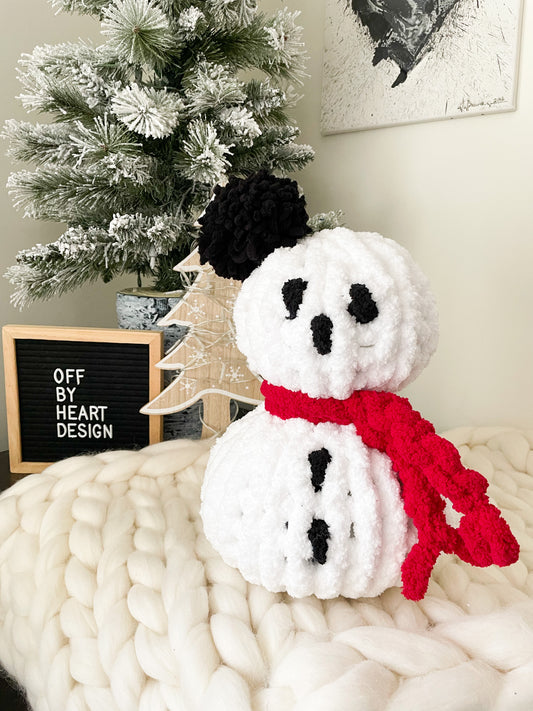 Hand Knit Christmas Snowman White with Black PomPom and Scarf
