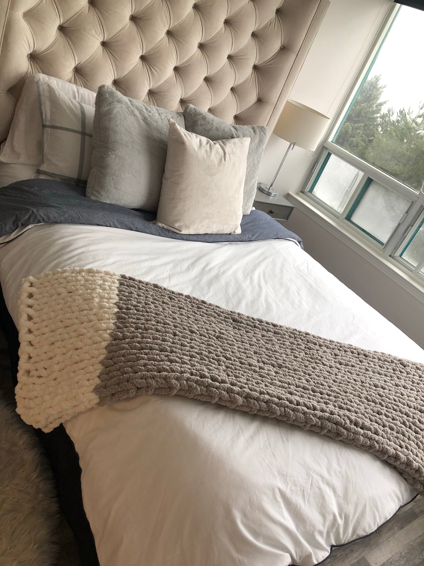 Healing Hand, Chunky Knit Blankets Light Grey with One White on one side