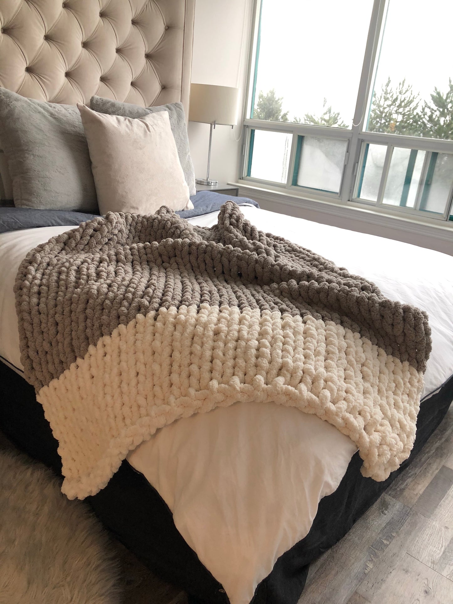Healing Hand, Chunky Knit Blankets Light Grey with One White on one side