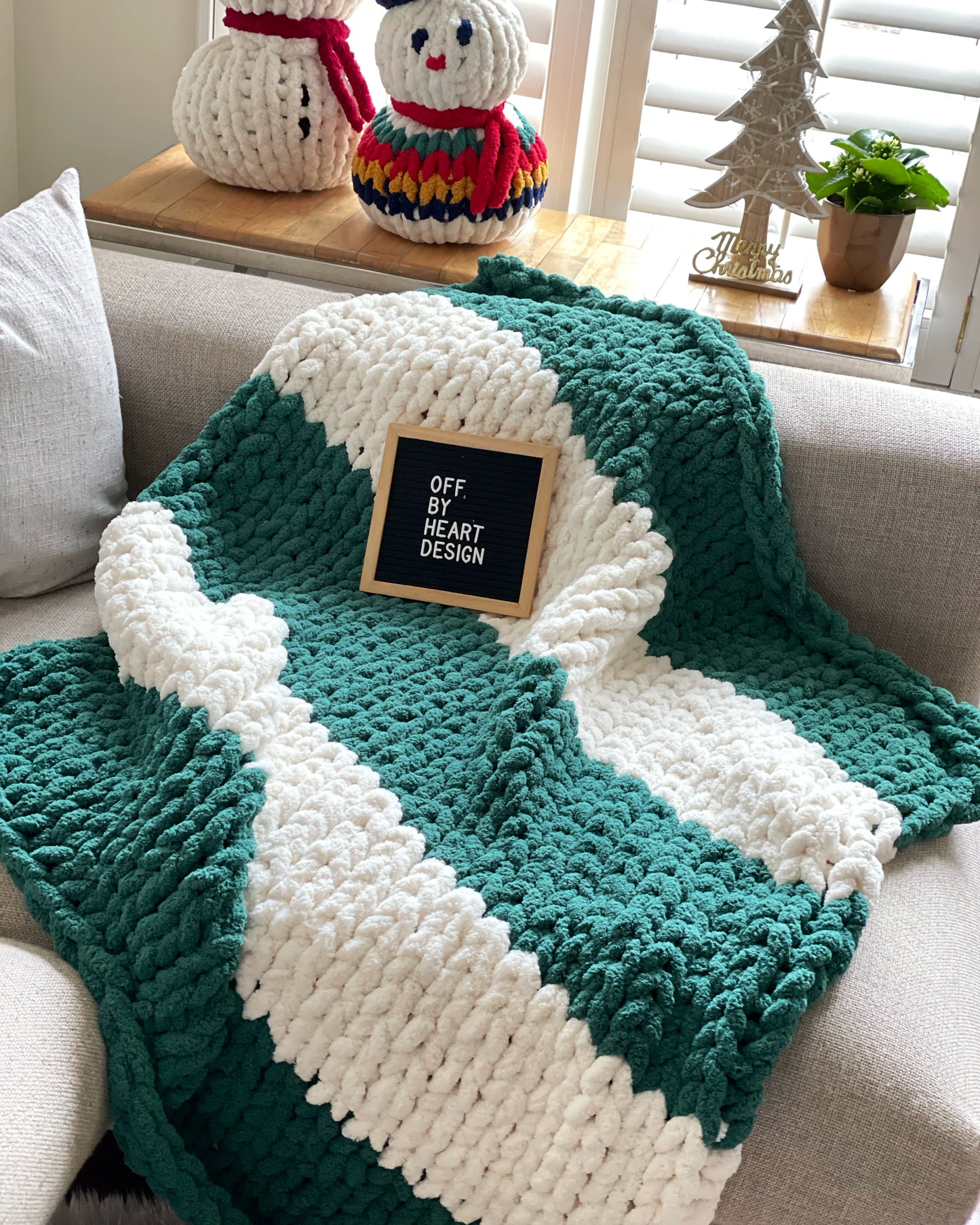 Healing Hand, Chunky Knit Blankets Emerald Green & White Stripe