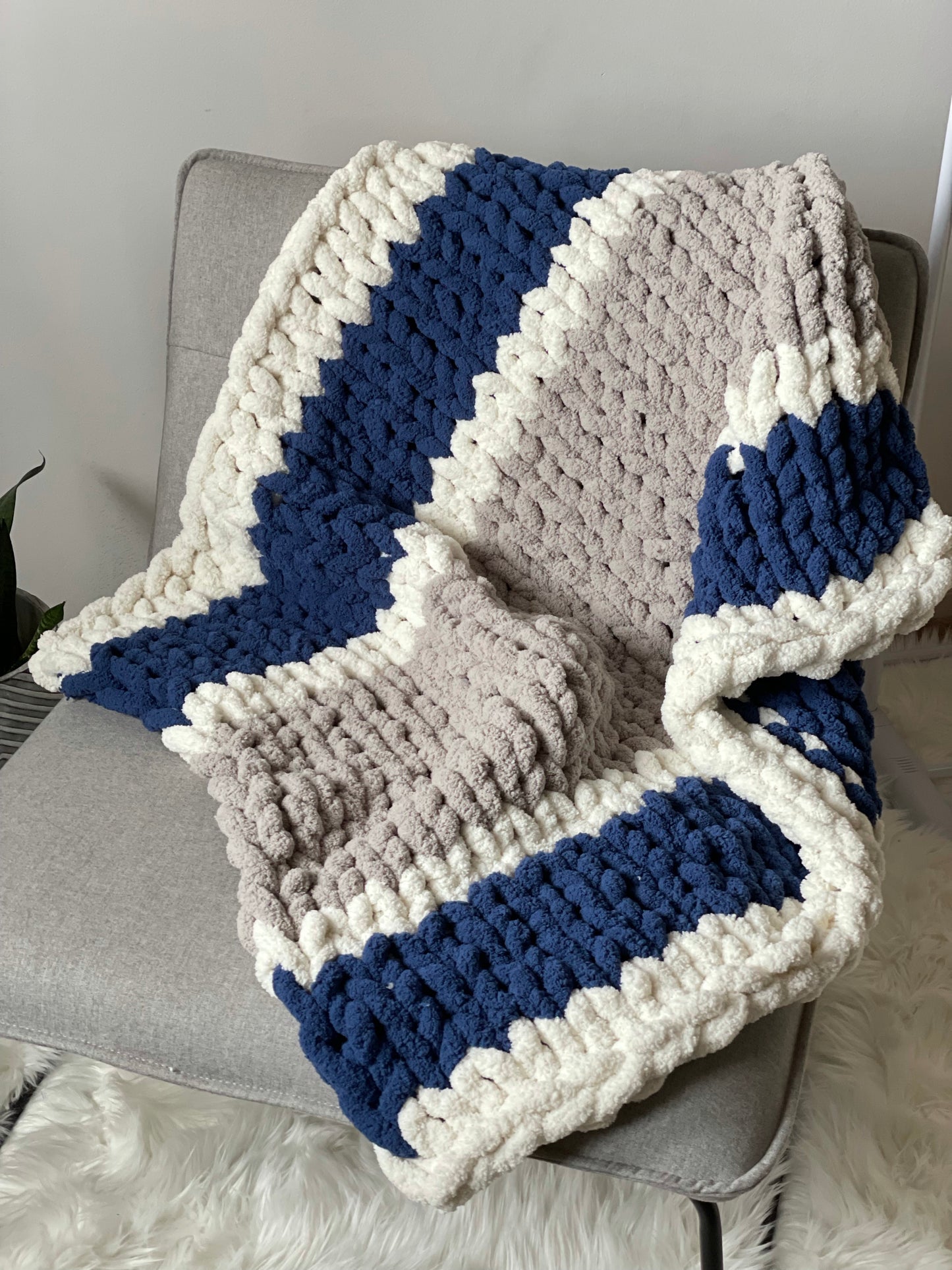 Healing Hand, Chunky Knit Baby Blankets - Blue, Grey & White Stripe