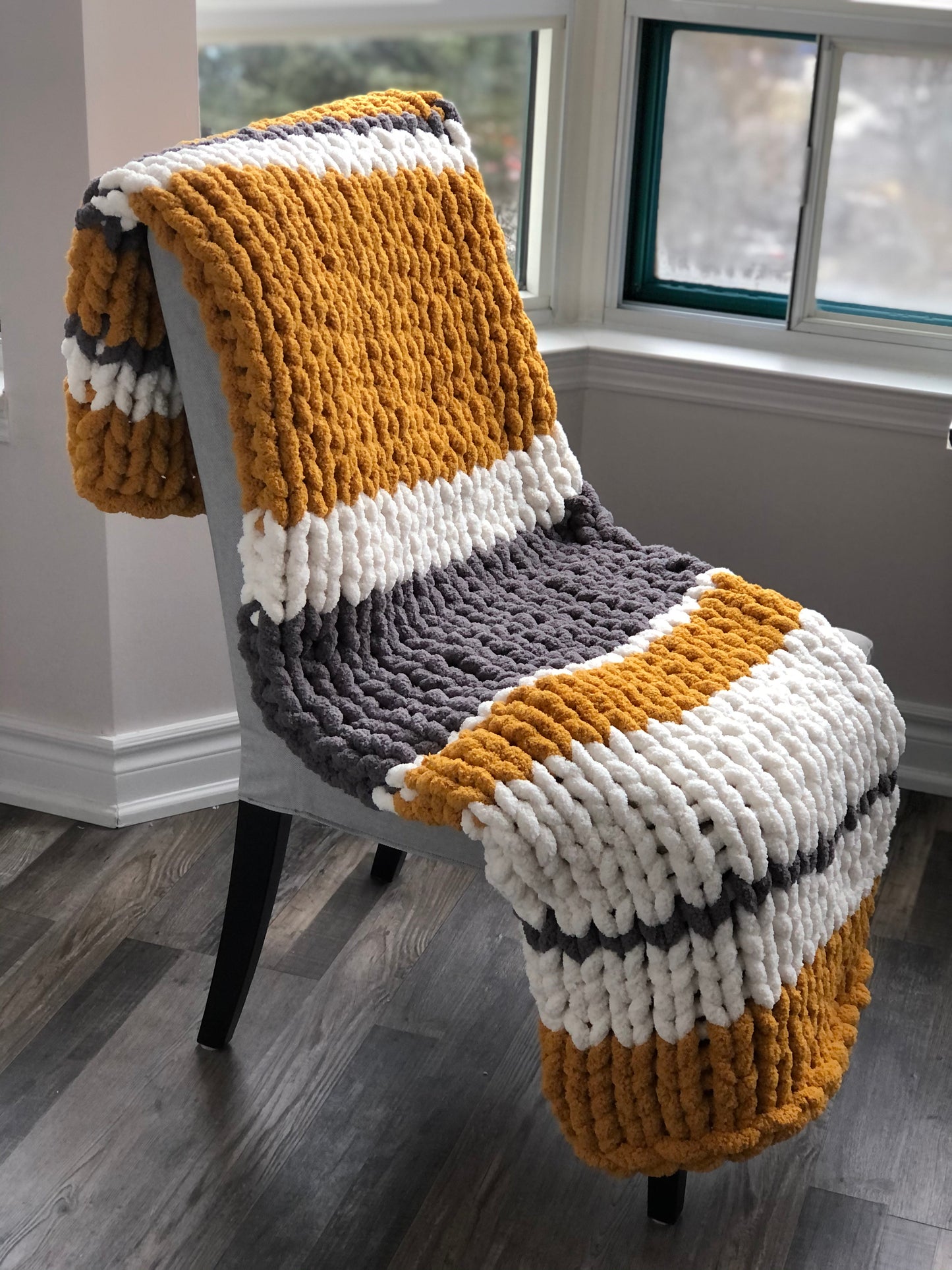 Healing Hand Knit, Chunky Knit Blankets Mustard, Dark Gray and White