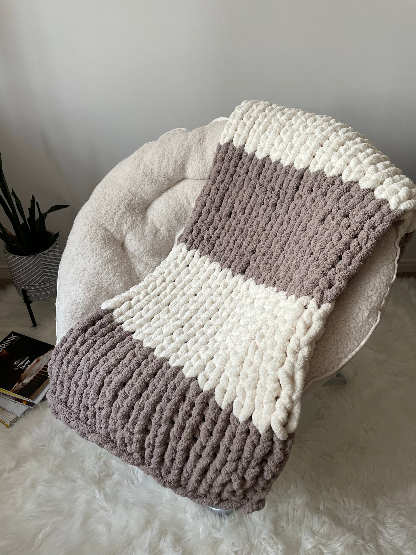 Healing Hand, Chunky Knit Blankets Taupe & White Stripe