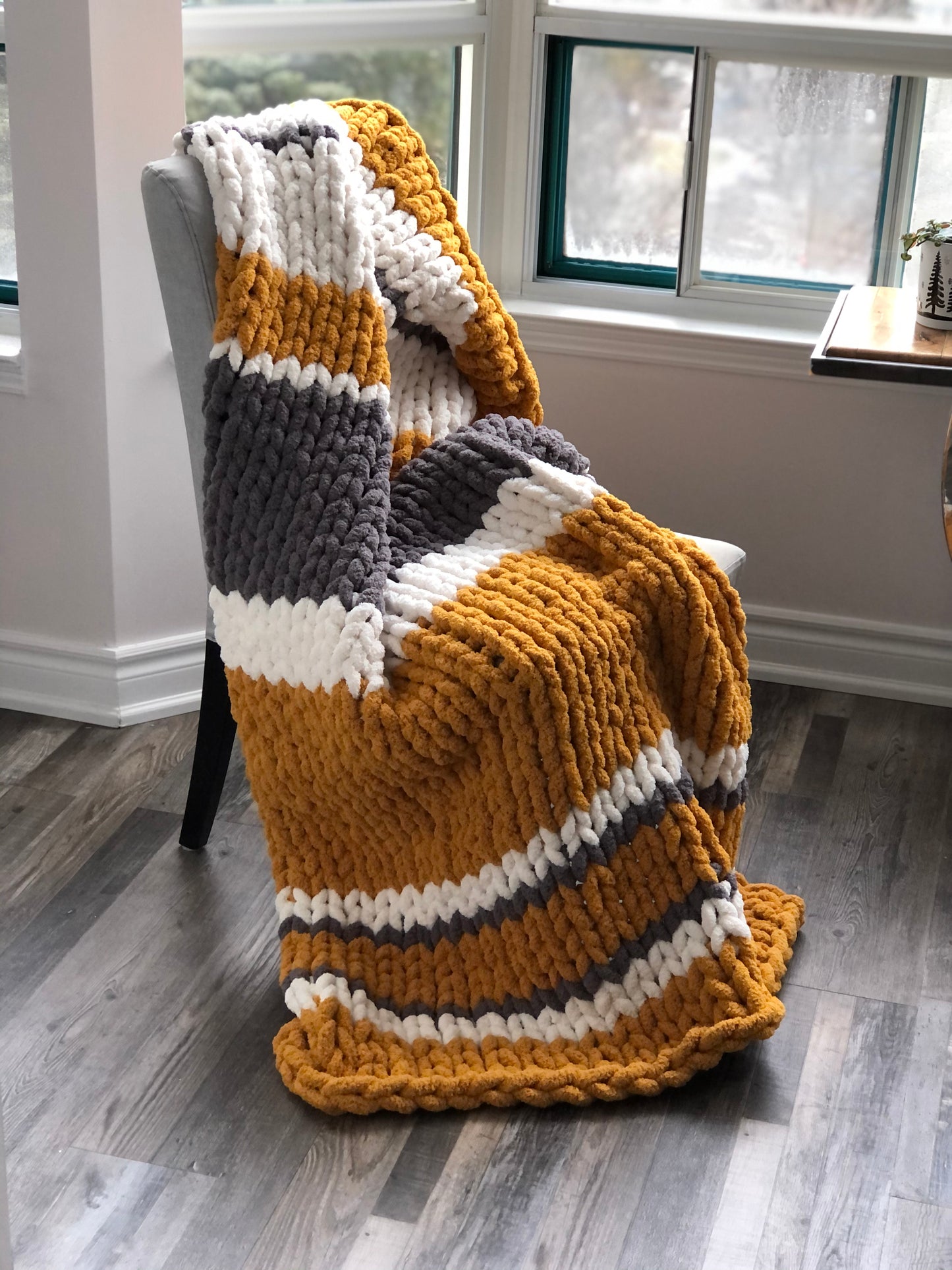 Healing Hand Knit, Chunky Knit Blankets Mustard, Dark Gray and White