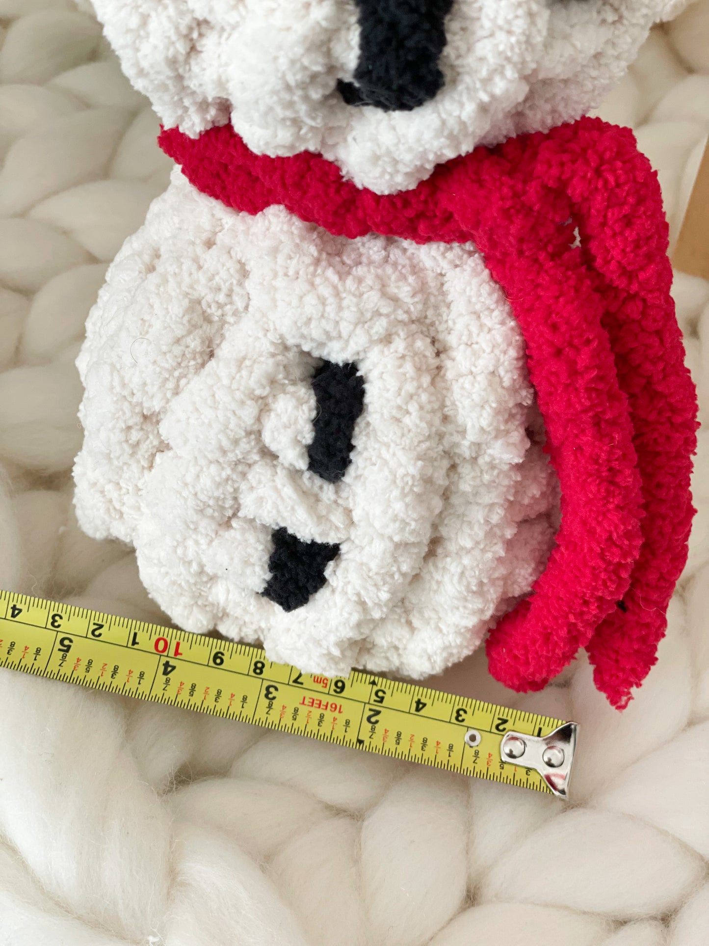Hand Knit Christmas Snowman Oatmeal with Black Hat and Red Scarf