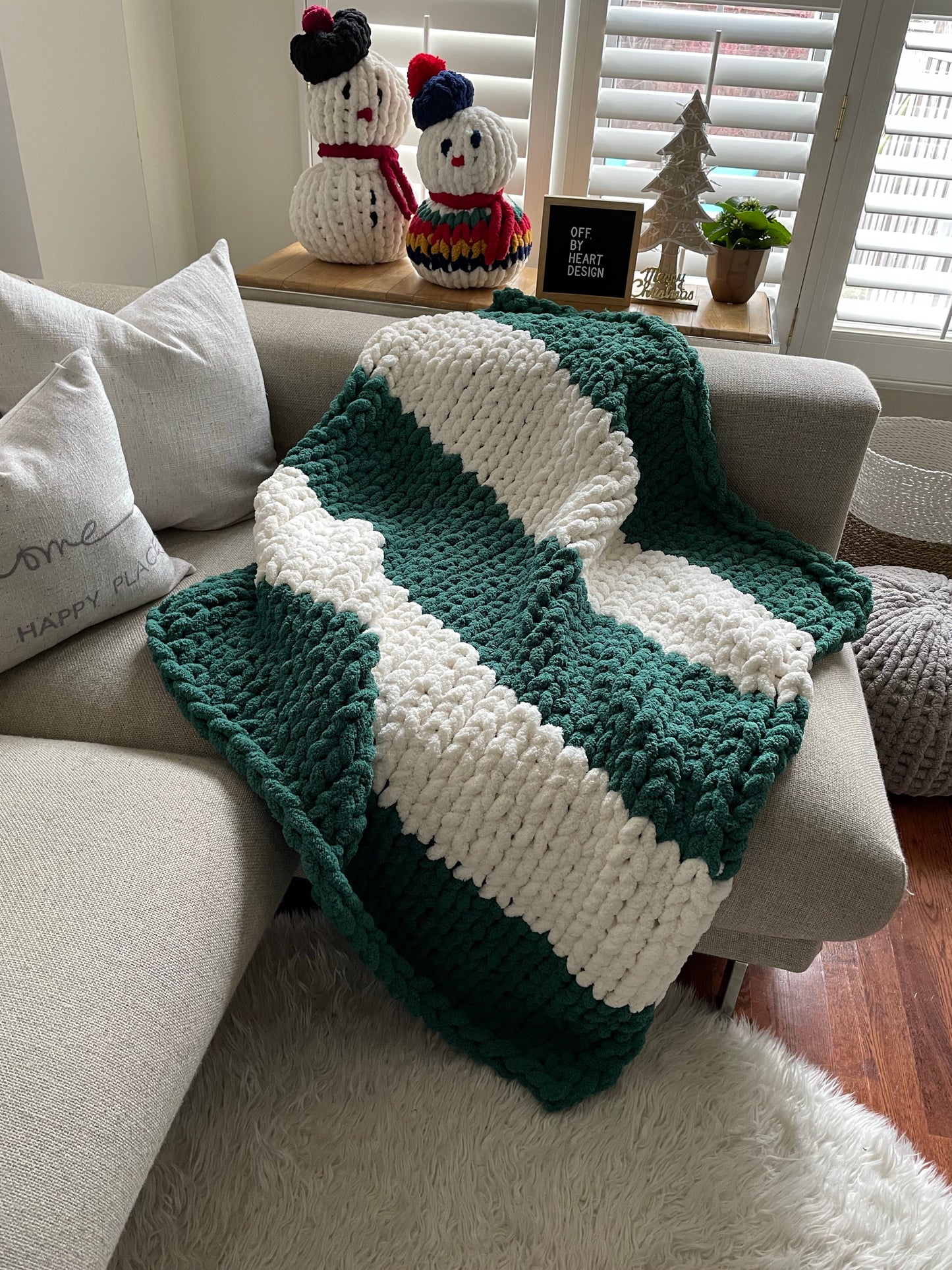 Healing Hand, Chunky Knit Blankets Emerald Green & White Stripe