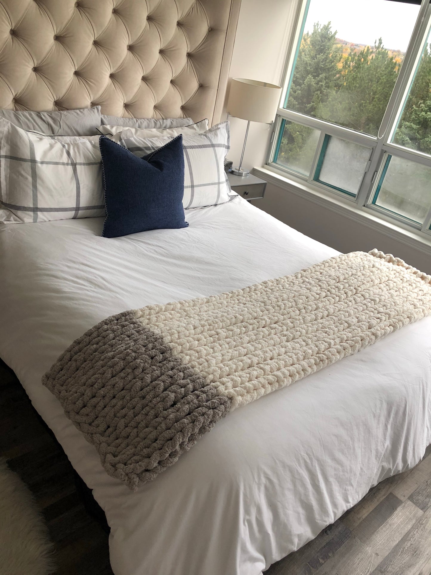 Healing Hand, Chunky Knit Blankets White with Light Grey on one side only