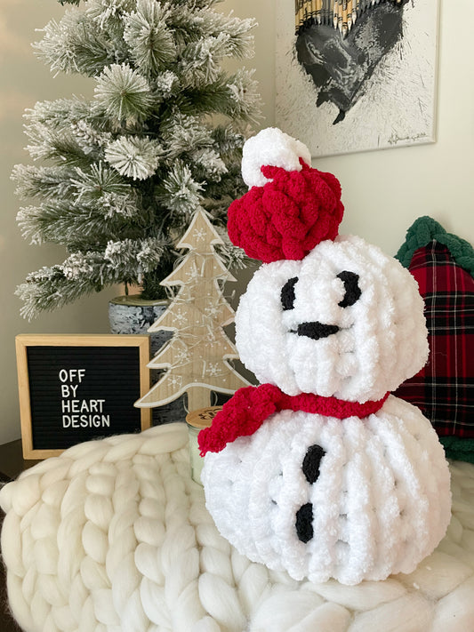 Hand Knit Christmas Snowman White with Red Hat and Scarf