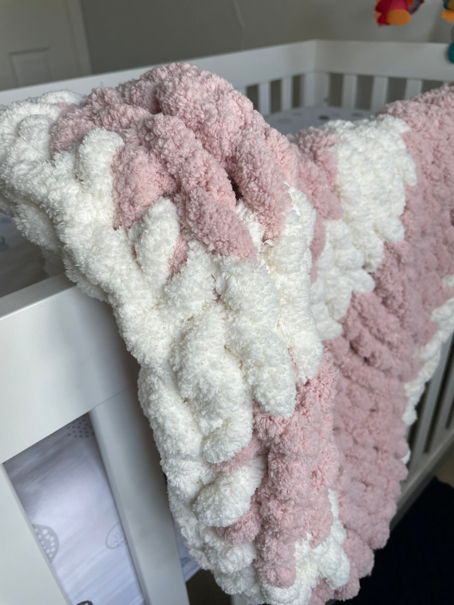 Healing Hand, Chunky Knit Baby Blankets - Soft Pink & White Stripe with a white edge