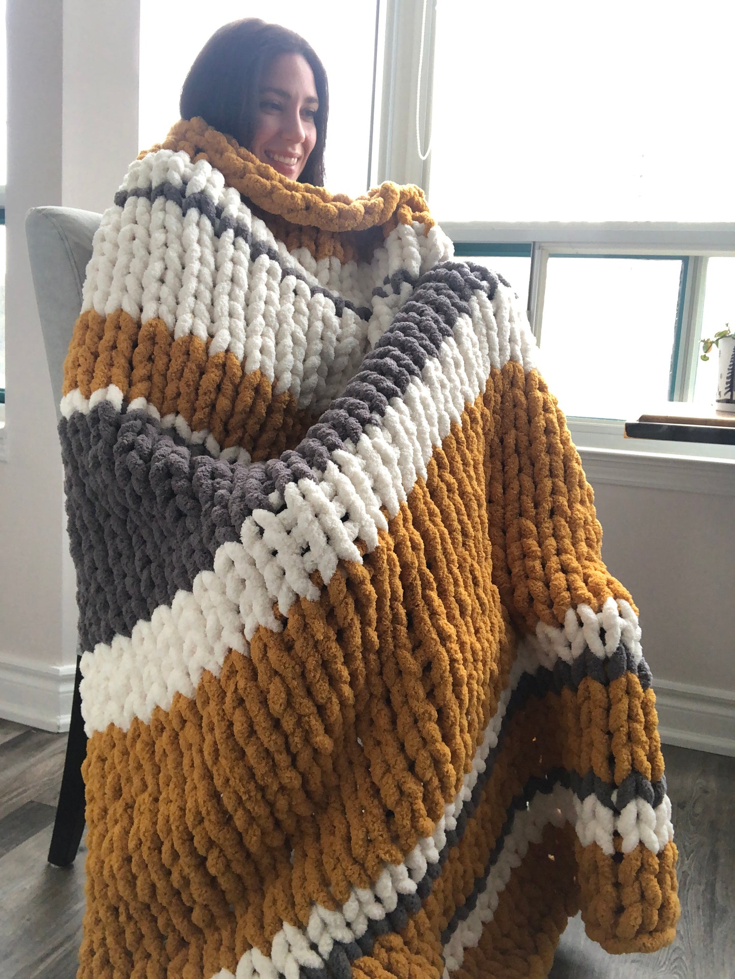 Healing Hand Knit, Chunky Knit Blankets Mustard, Dark Gray and White
