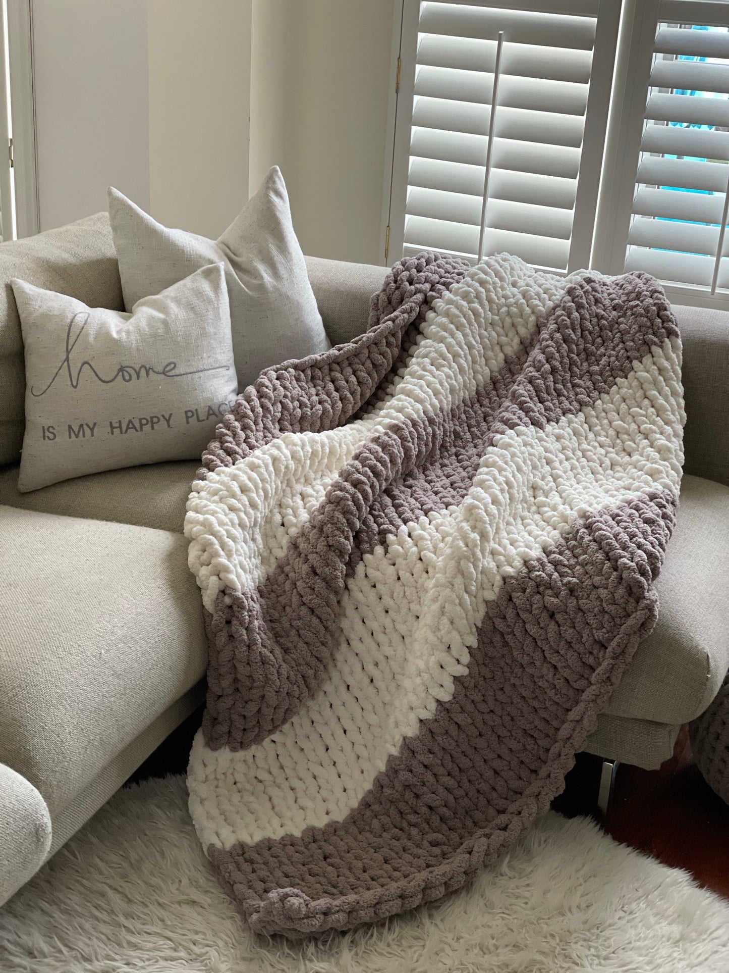 Healing Hand, Chunky Knit Blankets Taupe & White Stripe