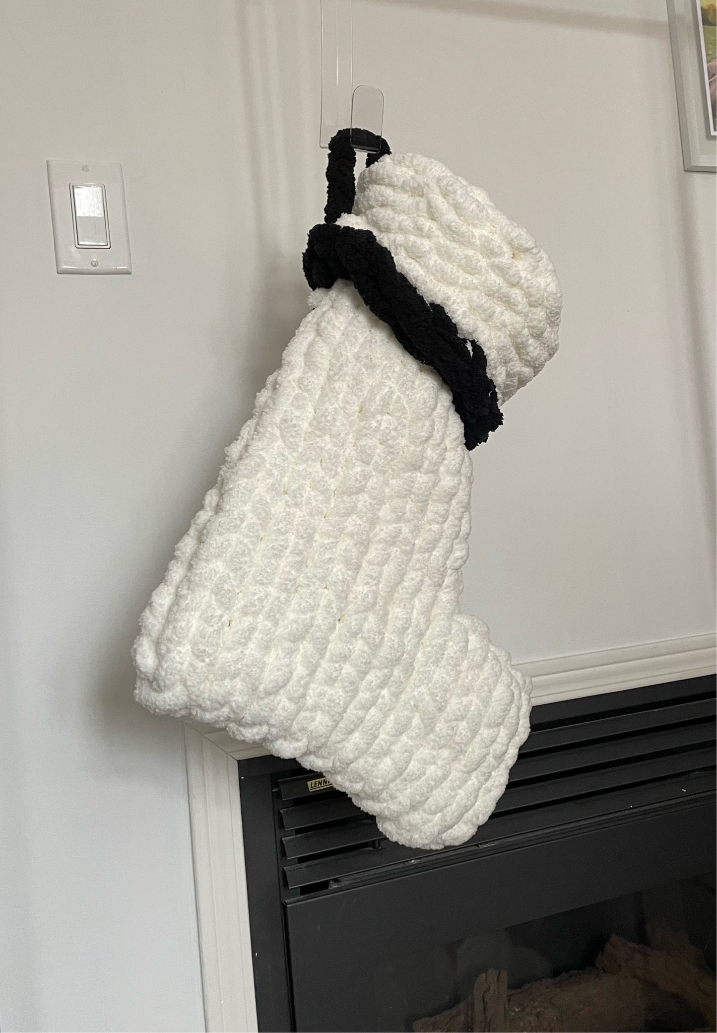 Christmas Handknit Yarn Stocking - White with Black 17”