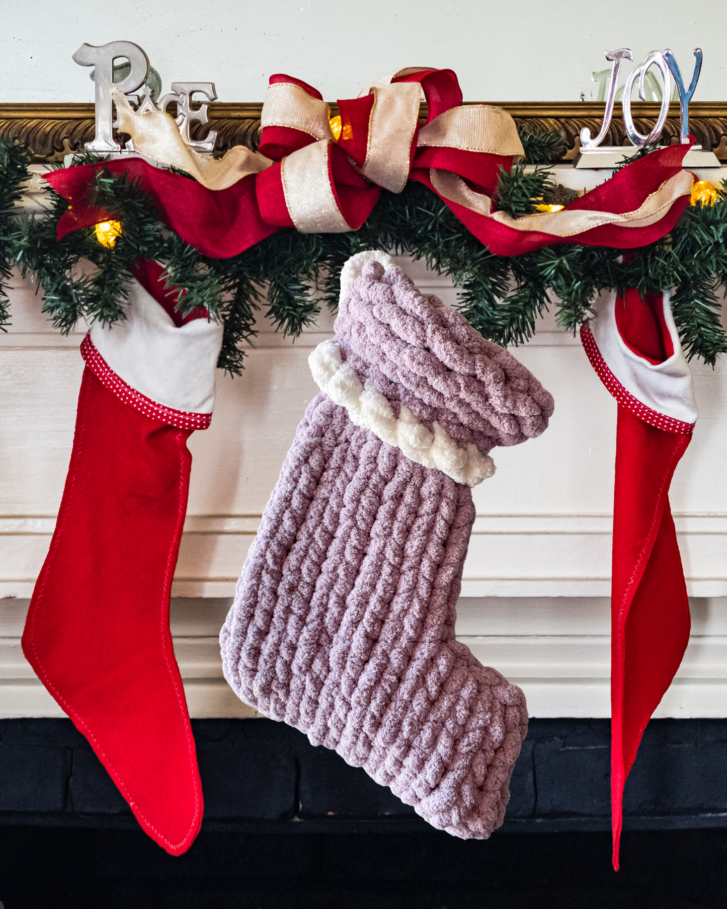 Christmas Hanknit Yarn Stocking - Lavender with White 17”